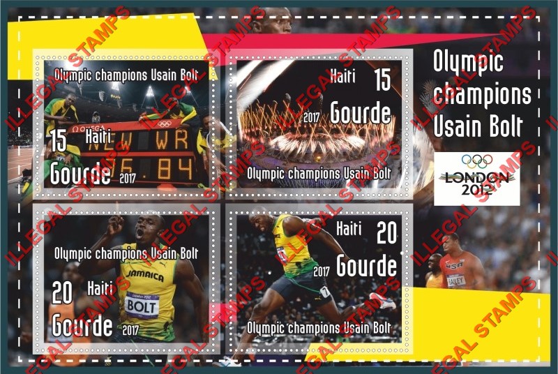 Haiti 2017 Olympic Champions in London 2012 Usain Bolt Illegal Stamp Souvenir Sheet of 4 Haiti 2017 Olympic Champions in London 2012 Usain Bolt Illegal Stamp Souvenir Sheet of 4