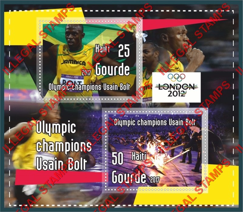 Haiti 2017 Olympic Champions in London 2012 Usain Bolt Illegal Stamp Souvenir Sheet of 2 Haiti 2017 Olympic Champions in London 2012 Usain Bolt Illegal Stamp Souvenir Sheet of 2