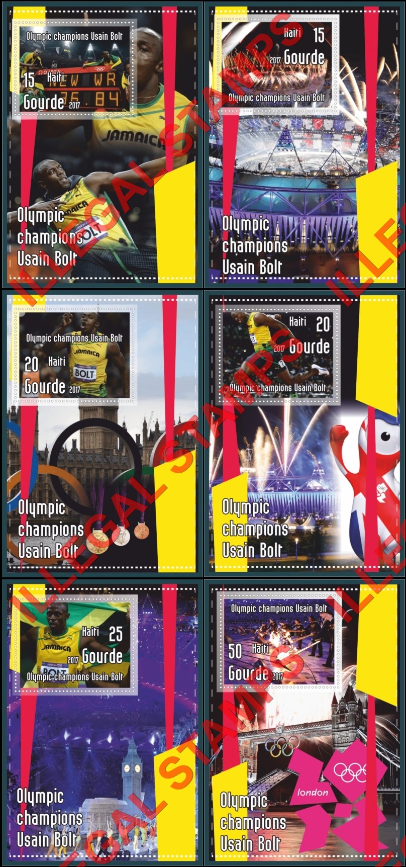 Haiti 2017 Olympic Champions in London 2012 Usain Bolt Illegal Stamp Souvenir Sheets of 1 Haiti 2017 Olympic Champions in London 2012 Usain Bolt Illegal Stamp Souvenir Sheets of 1