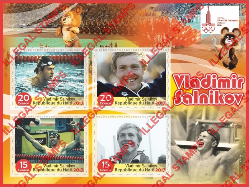Haiti 2017 Olympic Games in Moscow 1980 Vladimir Salnikov Illegal Stamp Souvenir Sheet of 4 Haiti 2017 Olympic Games in Moscow 1980 Vladimir Salnikov Illegal Stamp Souvenir Sheet of 4