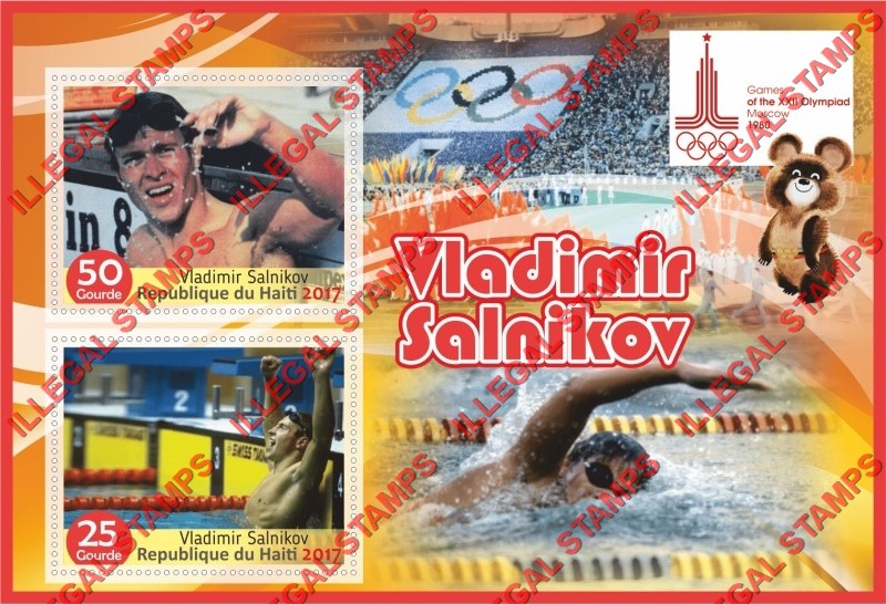 Haiti 2017 Olympic Games in Moscow 1980 Vladimir Salnikov Illegal Stamp Souvenir Sheet of 2 Haiti 2017 Olympic Games in Moscow 1980 Vladimir Salnikov Illegal Stamp Souvenir Sheet of 2