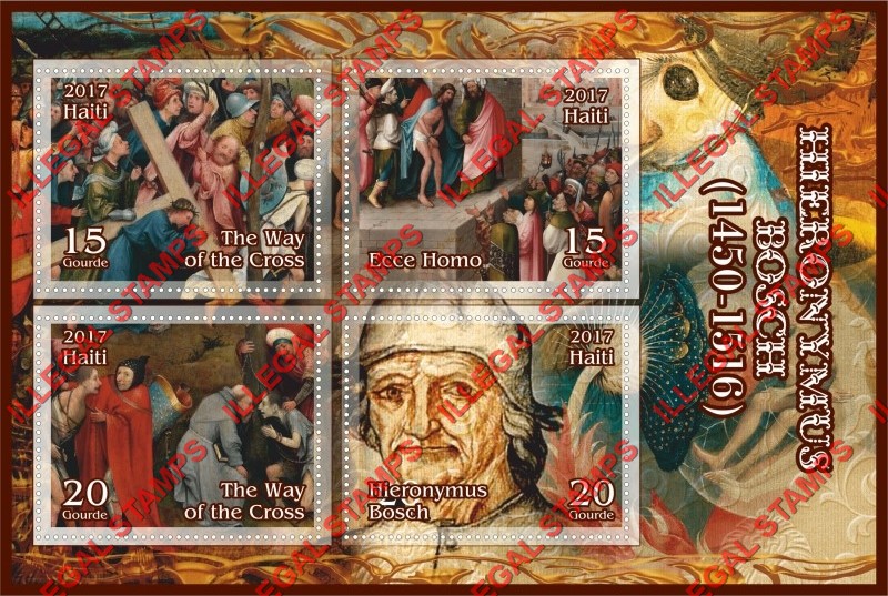 Haiti 2017 Paintings by Hieronymus Bosch Illegal Stamp Souvenir Sheet of 4 Haiti 2017 Paintings by Hieronymus Bosch Illegal Stamp Souvenir Sheet of 4
