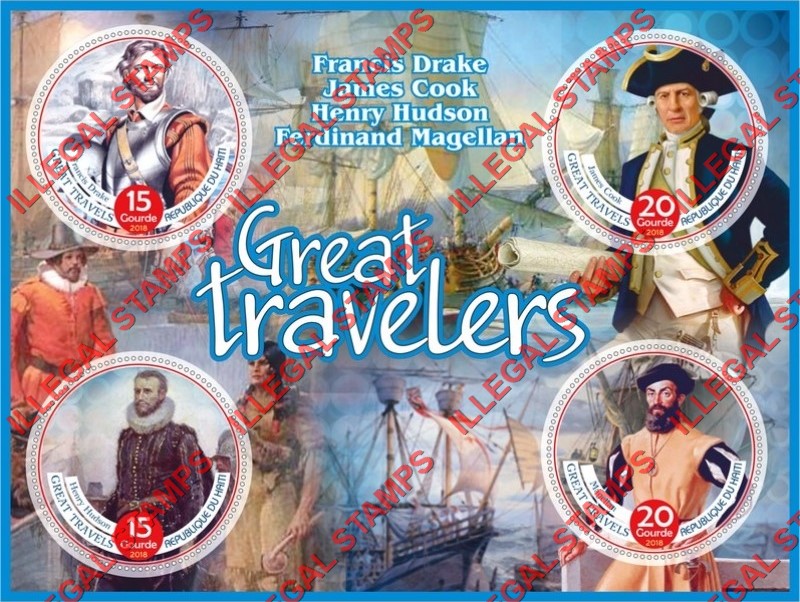 Haiti 2018 Great Travelers Illegal Stamp Souvenir Sheet of 4 Haiti 2018 Great Travelers Illegal Stamp Souvenir Sheet of 4