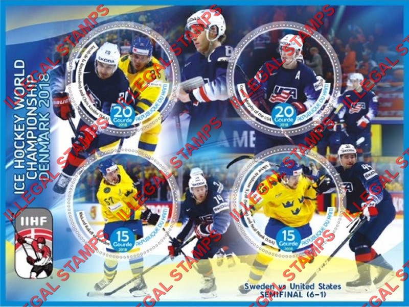 Haiti 2018 Ice Hockey World Championship in Denmark Illegal Stamp Souvenir Sheet of 4 Haiti 2018 Ice Hockey World Championship in Denmark Illegal Stamp Souvenir Sheet of 4
