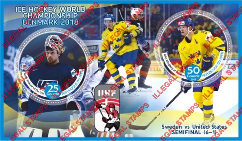 Haiti 2018 Ice Hockey World Championship in Denmark Illegal Stamp Souvenir Sheet of 2 Haiti 2018 Ice Hockey World Championship in Denmark Illegal Stamp Souvenir Sheet of 2