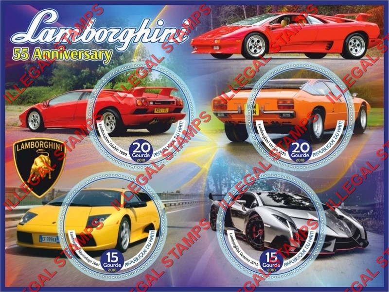 Haiti 2018 Lamborghini Illegal Stamp Souvenir Sheet of 4 Haiti 2018 Lamborghini Illegal Stamp Souvenir Sheet of 4