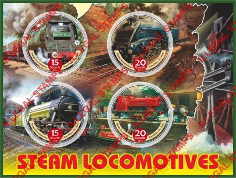 Haiti 2019 Steam Locomotives Illegal Stamp Souvenir Sheet of 4 Haiti 2019 Steam Locomotives Illegal Stamp Souvenir Sheet of 4