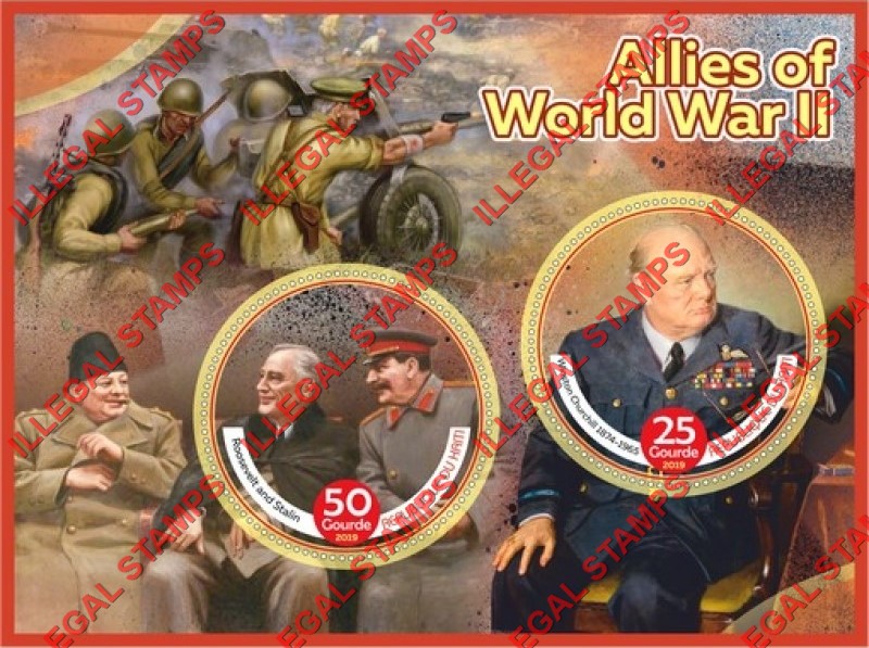 Haiti 2019 World War II Allies Illegal Stamp Souvenir Sheet of 2 Haiti 2019 World War II Allies Illegal Stamp Souvenir Sheet of 2