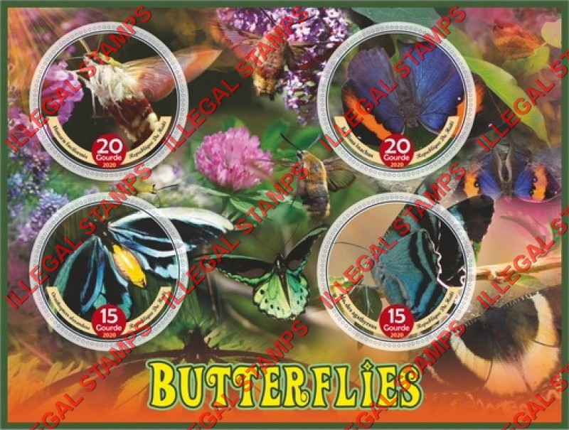 Haiti 2020 Butterflies Illegal Stamp Souvenir Sheet of 4 Haiti 2020 Butterflies Illegal Stamp Souvenir Sheet of 4