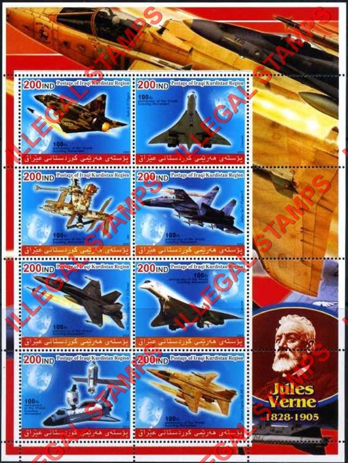 Kurdistan 2005 Aircraft and Jules Verne Illegal Stamp Souvenir Sheet of 8 Kurdistan 2005 Aircraft and Jules Verne Illegal Stamp Souvenir Sheet of 8