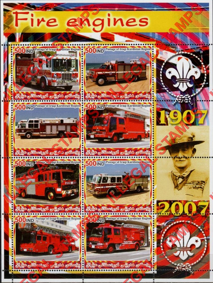 Kurdistan 2005 Fire Engines and Scouts Baden Powell Illegal Stamp Souvenir Sheet of 8 (Sheet 1) Kurdistan 2005 Fire Engines and Scouts Baden Powell Illegal Stamp Souvenir Sheet of 8 (Sheet 1)