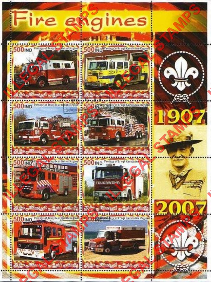 Kurdistan 2005 Fire Engines and Scouts Baden Powell Illegal Stamp Souvenir Sheet of 8 (Sheet 2) Kurdistan 2005 Fire Engines and Scouts Baden Powell Illegal Stamp Souvenir Sheet of 8 (Sheet 2)
