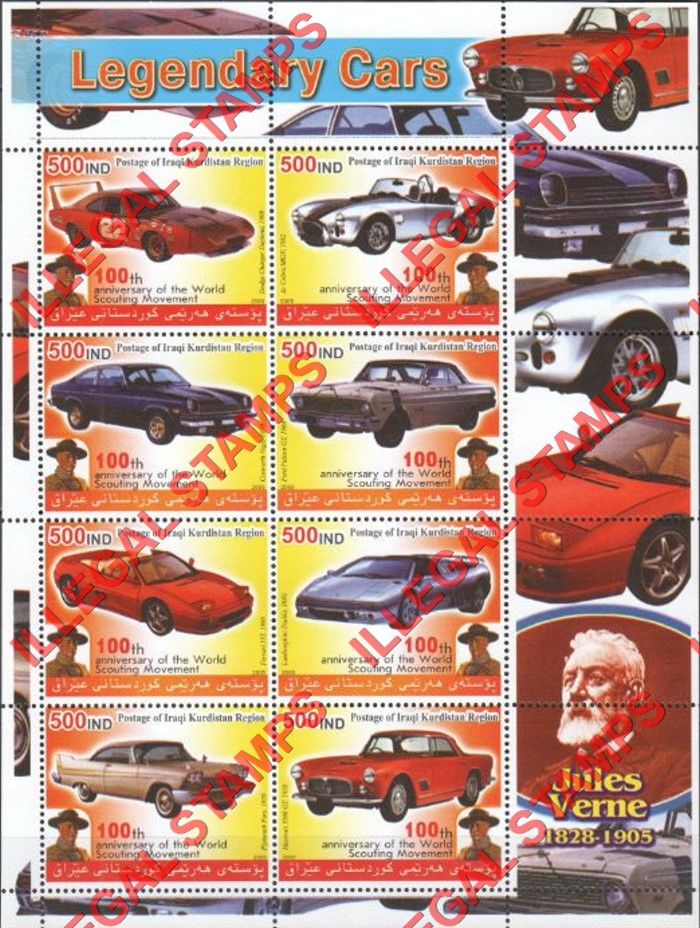 Kurdistan 2005 Legendary Cars and Jules Verne Illegal Stamp Souvenir Sheet of 8 (Sheet 1) Kurdistan 2005 Legendary Cars and Jules Verne Illegal Stamp Souvenir Sheet of 8 (Sheet 1)