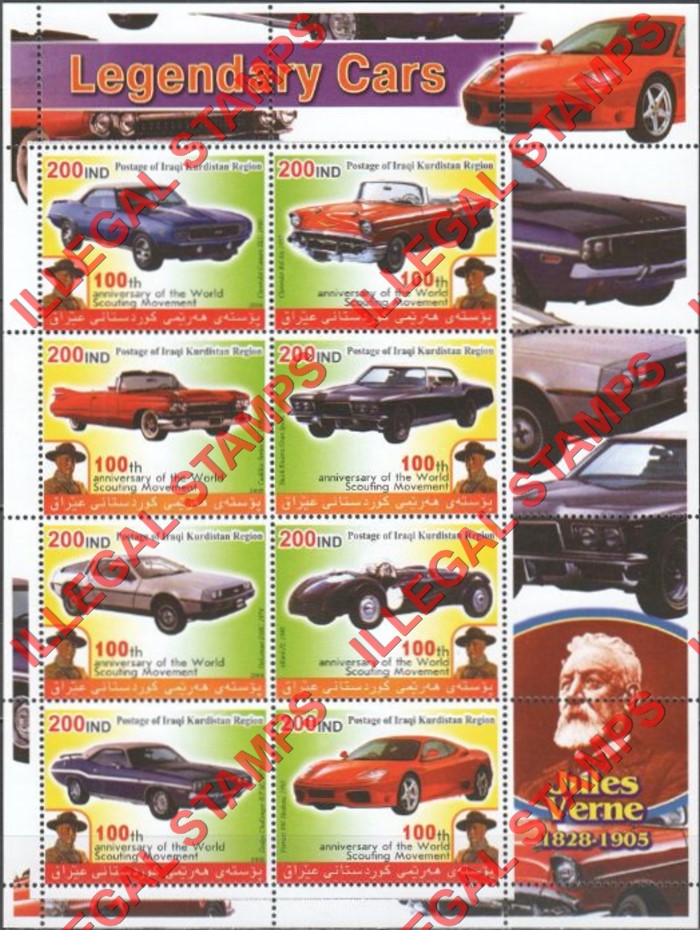 Kurdistan 2005 Legendary Cars and Jules Verne Illegal Stamp Souvenir Sheet of 8 (Sheet 2) Kurdistan 2005 Legendary Cars and Jules Verne Illegal Stamp Souvenir Sheet of 8 (Sheet 2)