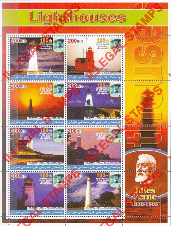 Kurdistan 2005 Lighthouses and Jules Verne Illegal Stamp Souvenir Sheet of 8 (Sheet 1) Kurdistan 2005 Lighthouses and Jules Verne Illegal Stamp Souvenir Sheet of 8 (Sheet 1)