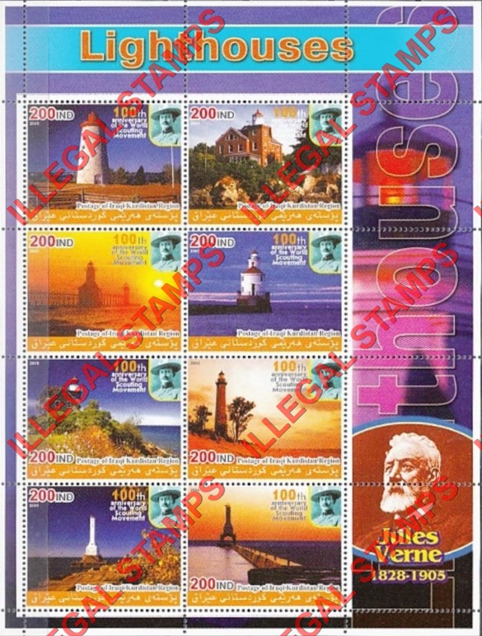 Kurdistan 2005 Lighthouses and Jules Verne Illegal Stamp Souvenir Sheet of 8 (Sheet 2) Kurdistan 2005 Lighthouses and Jules Verne Illegal Stamp Souvenir Sheet of 8 (Sheet 2)