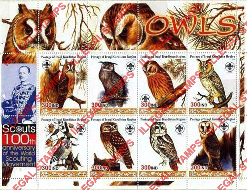 Kurdistan 2005 Owls and Scouts Baden Powell Illegal Stamp Souvenir Sheet of 8 Kurdistan 2005 Owls and Scouts Baden Powell Illegal Stamp Souvenir Sheet of 8