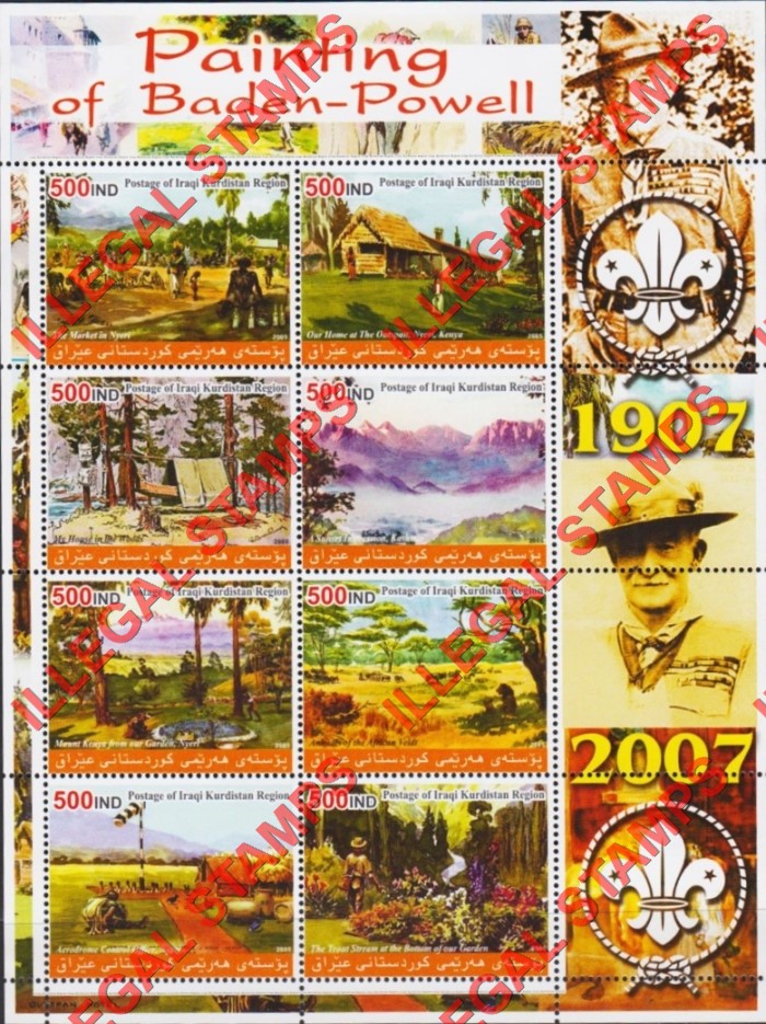 Kurdistan 2005 Paintings of Baden Powell Illegal Stamp Souvenir Sheet of 8 Kurdistan 2005 Paintings of Baden Powell Illegal Stamp Souvenir Sheet of 8