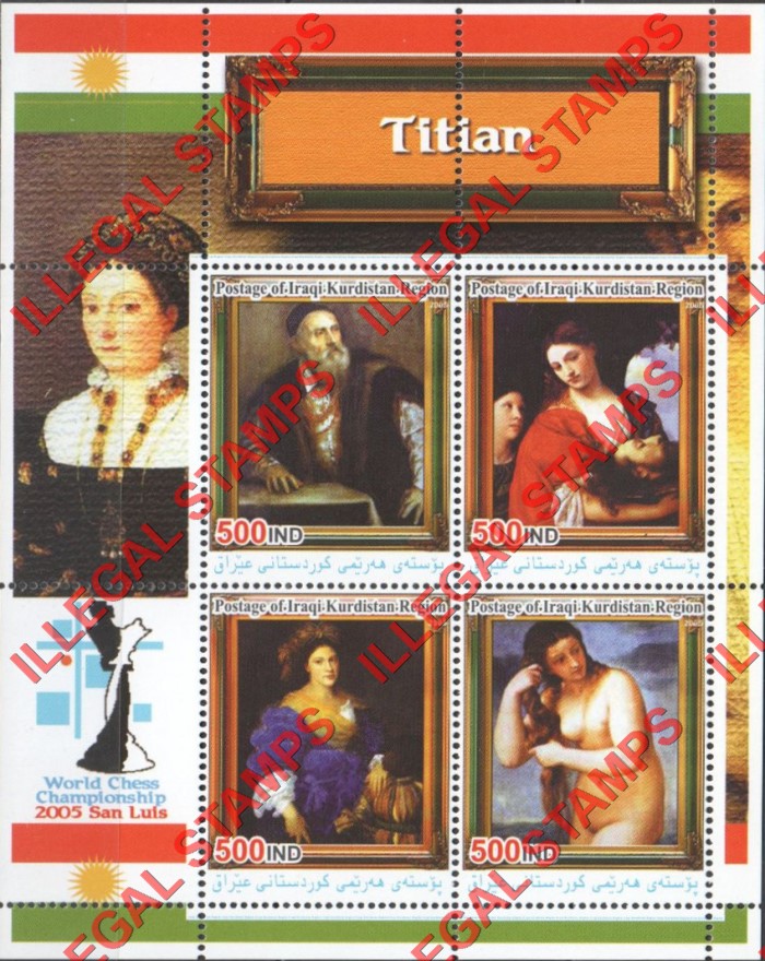 Kurdistan 2005 Paintings by Titian Illegal Stamp Souvenir Sheet of 4 Kurdistan 2005 Paintings by Titian Illegal Stamp Souvenir Sheet of 4