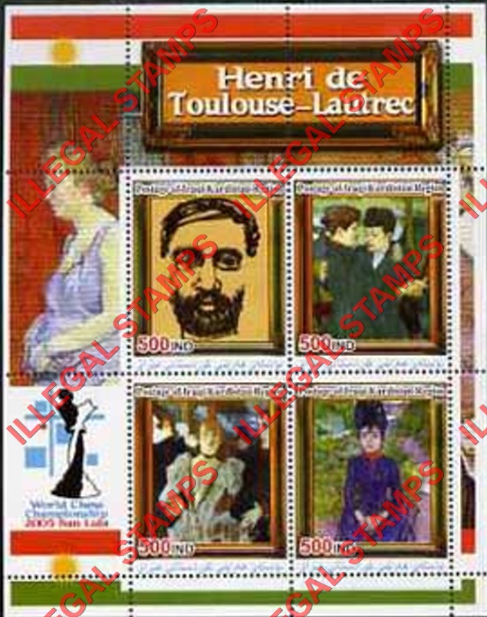 Kurdistan 2005 Paintings by Henri de Toulouse-Lautrec Illegal Stamp Souvenir Sheet of 4 Kurdistan 2005 Paintings by Henri de Toulouse-Lautrec Illegal Stamp Souvenir Sheet of 4