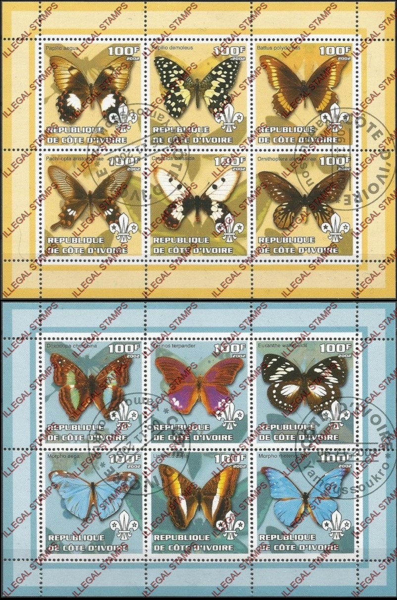 Ivory Coast 2002 Butterflies Illegal Stamp Sheetlets of 6 Ivory Coast 2002 Butterflies Illegal Stamp Sheetlets of 6