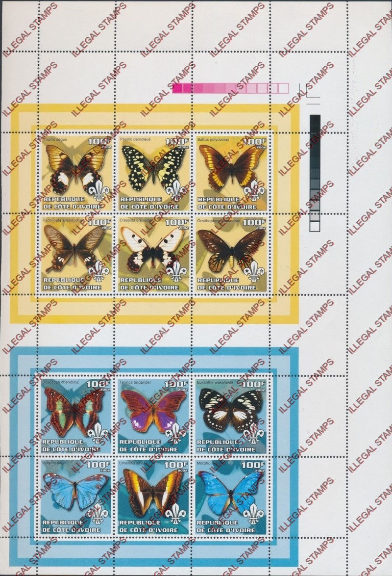 Ivory Coast 2002 Butterflies Illegal Stamp Sheetlets of 6 in Partial Press Sheet Ivory Coast 2002 Butterflies Illegal Stamp Sheetlets of 6 in Partial Press Sheet