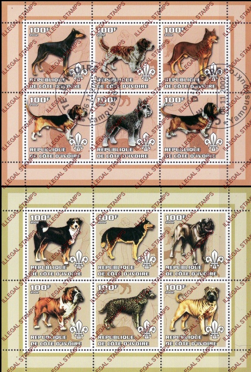 Ivory Coast 2002 Dogs Illegal Stamp Sheetlets of 6 Ivory Coast 2002 Dogs Illegal Stamp Sheetlets of 6