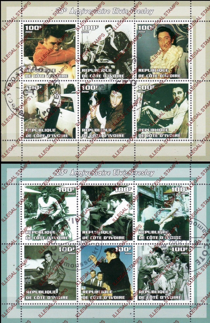 Ivory Coast 2002 Elvis Presley Illegal Stamp Sheetlets of 6 Ivory Coast 2002 Elvis Presley Illegal Stamp Sheetlets of 6