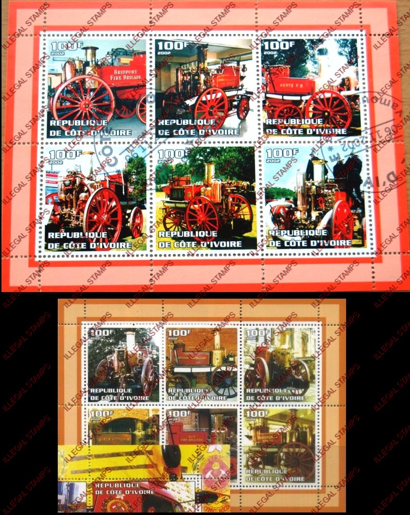 Ivory Coast 2002 Fire Engines Illegal Stamp Sheetlets of 6 Ivory Coast 2002 Fire Engines Illegal Stamp Sheetlets of 6