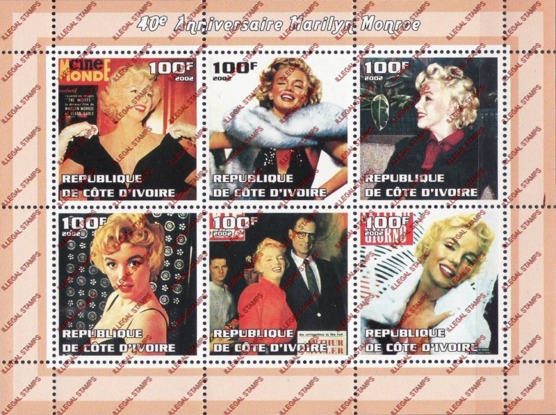 Ivory Coast 2002 Marilyn Monroe Illegal Stamp Sheetlet of 6 Ivory Coast 2002 Marilyn Monroe Illegal Stamp Sheetlet of 6
