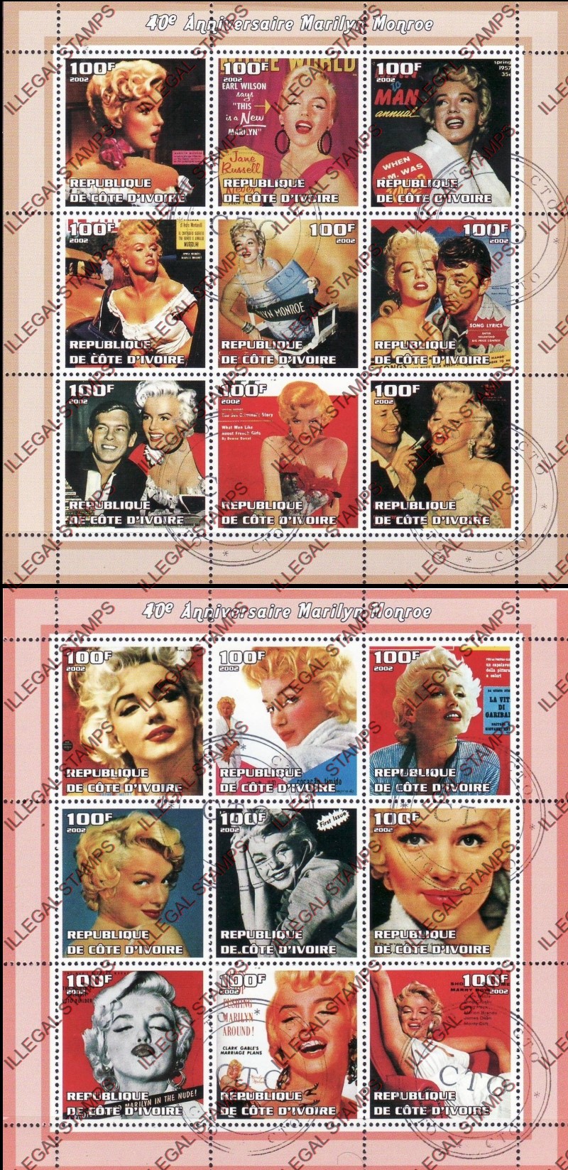Ivory Coast 2002 Marilyn Monroe Illegal Stamp Sheetlets of 9 Ivory Coast 2002 Marilyn Monroe Illegal Stamp Sheetlets of 9