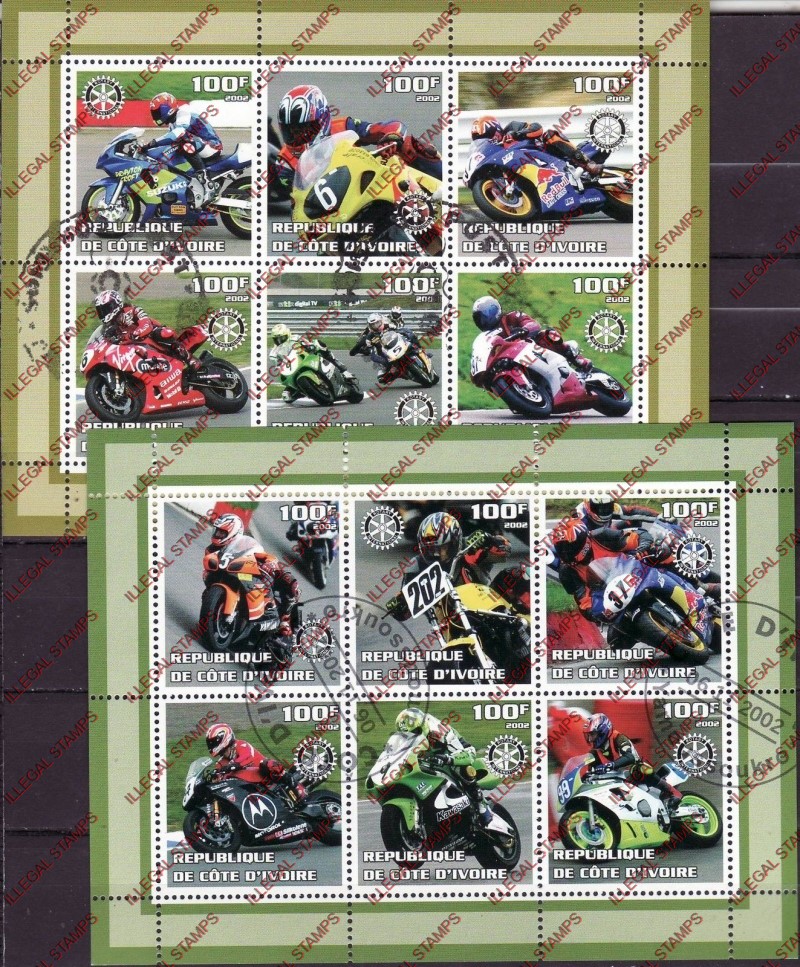 Ivory Coast 2002 Motorcycle Racing Illegal Stamp Sheetlets of 6 Ivory Coast 2002 Motorcycle Racing Illegal Stamp Sheetlets of 6