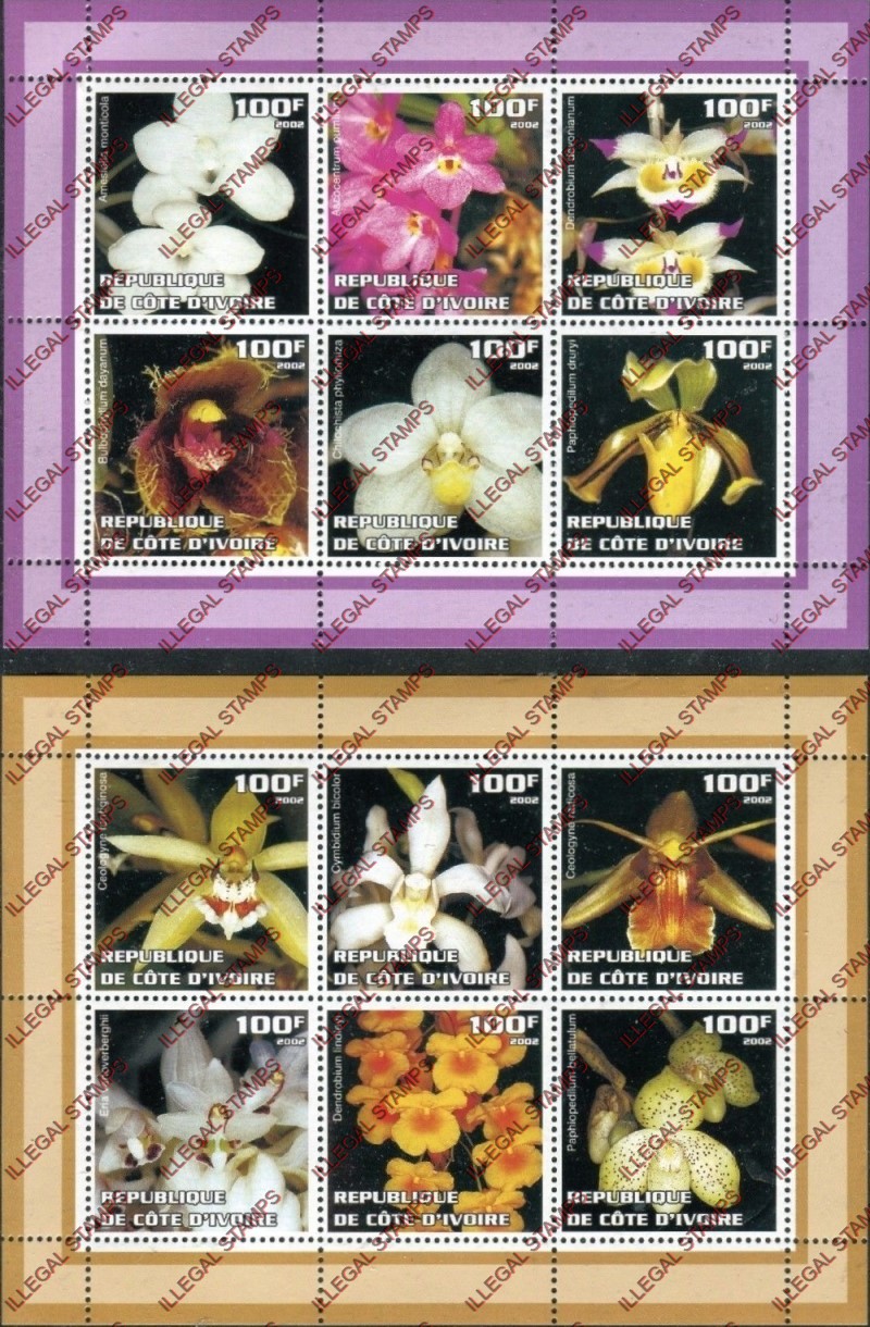 Ivory Coast 2002 Orchids Flowers Illegal Stamp Sheetlets of 6 Ivory Coast 2002 Orchids Flowers Illegal Stamp Sheetlets of 6