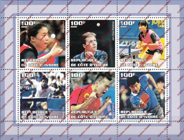 Ivory Coast 2002 Table Tennis Illegal Stamp Sheetlet of 6 Ivory Coast 2002 Table Tennis Illegal Stamp Sheetlet of 6