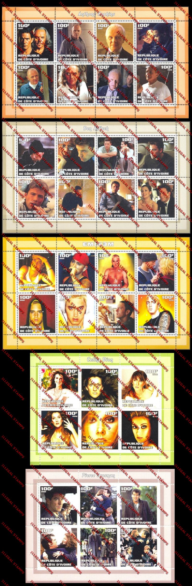 Ivory Coast 2003 Actors and Actresses Illegal Stamp Sheetlets Ivory coast 2003 Actors and Actresses Illegal Stamp Sheetlets