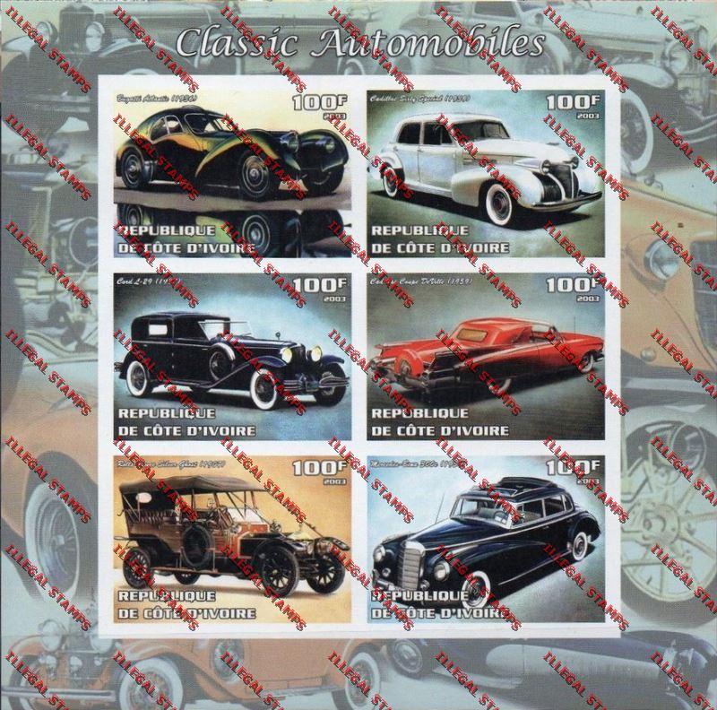 Ivory Coast 2003 Classic Automobiles Illegal Stamp Sheetlet of Six Ivory coast 2003 Classic Automobiles Illegal Stamp Sheetlet of Six