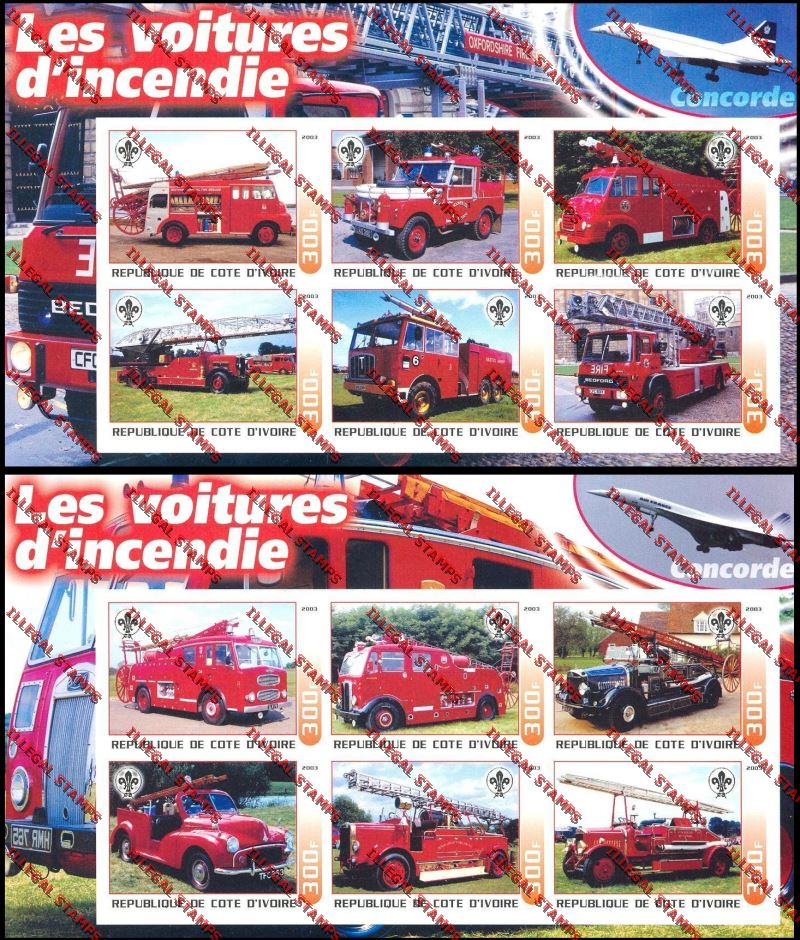 Ivory coast 2003 Fire Engines Illegal Stamp Sheetlets of Six Ivory coast 2003 Fire Engines Illegal Stamp Sheetlets of Six