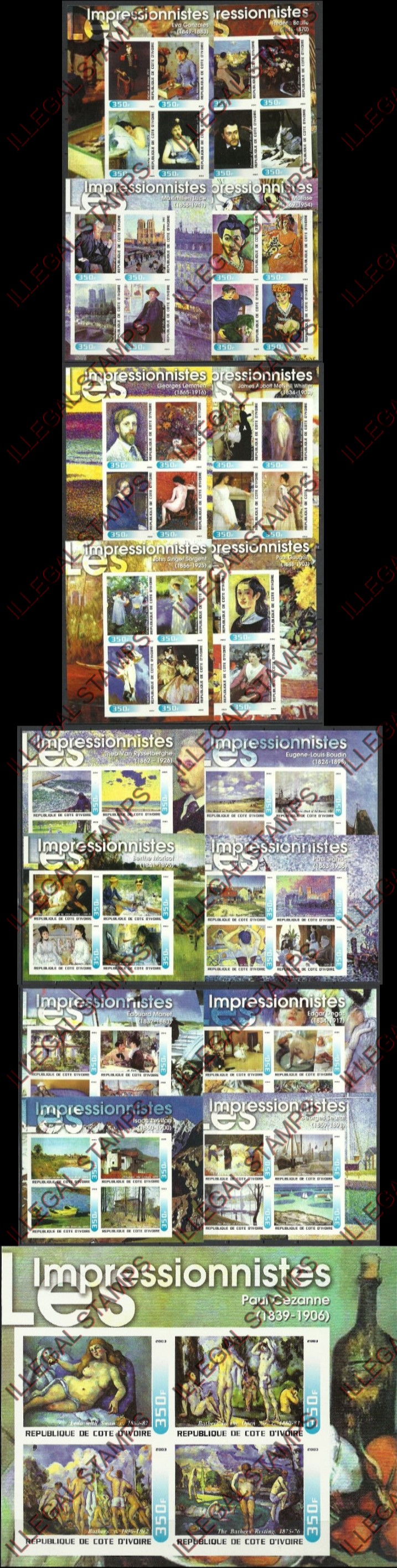 Ivory Coast 2003 Impressionists Paintings Illegal Stamp Souvenir Sheets of 4 Ivory Coast 2003 Impressionists Paintings Illegal Stamp Souvenir Sheets of 4