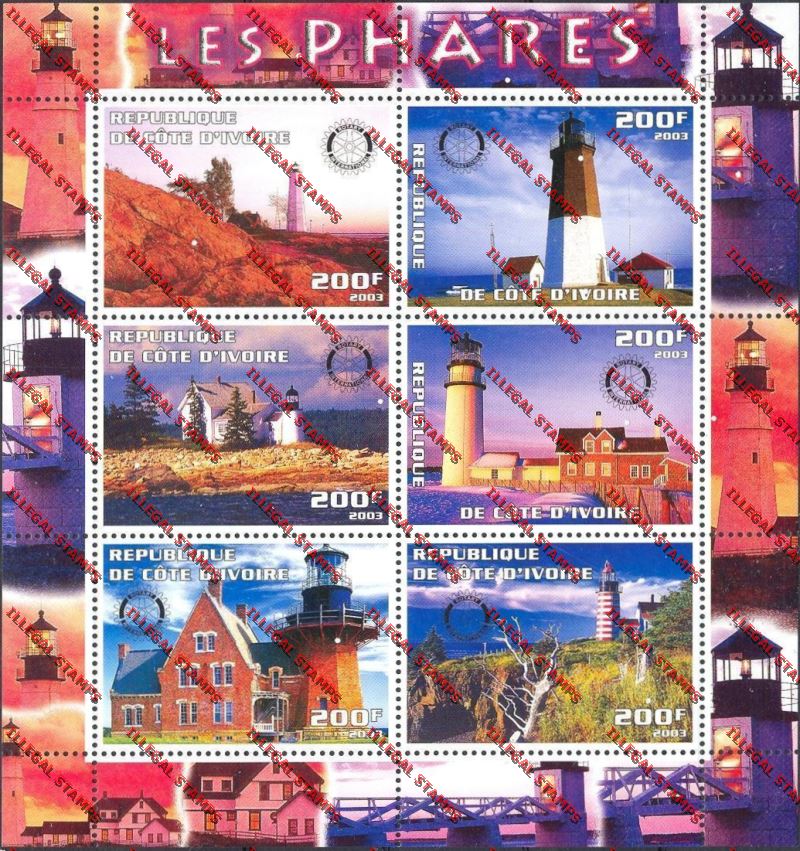 Ivory Coast 2003 Lighthouses Les Phares with Rotary Emblem Illegal Stamp Sheetlet of Six Ivory coast 2003 Lighthouses Les Phares with Rotary Emblem Illegal Stamp Sheetlet of Six