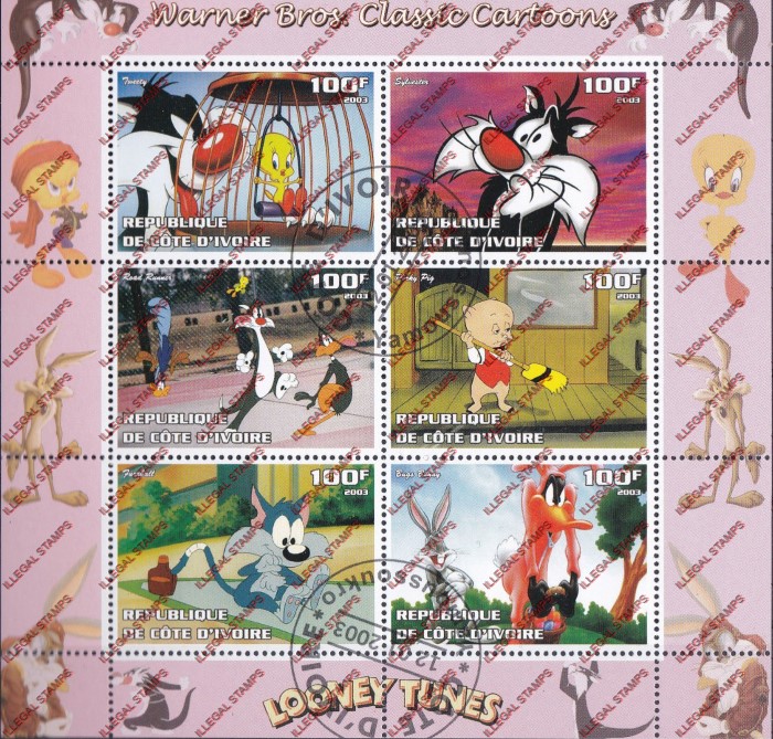 Ivory Coast 2003 Cartoons Warner Brothers Looney Tunes Illegal Stamp Sheetlet of 6 Ivory Coast 2003 Cartoons Warner Brothers Looney Tunes Illegal Stamp Sheetlet of 6