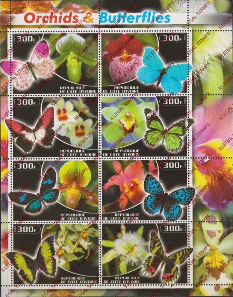 Ivory Coast 2003 Orchids and Butterflies Illegal Stamp Sheetlet of 8 Ivory Coast 2003 Orchids and Butterflies Illegal Stamp Sheetlet of 8