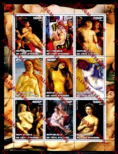Ivory Coast 2003 Paintings by Famous Artists Illegal Stamp Sheetlet of Nine Ivory coast 2003 Paintings by Famous Artists Illegal Stamp Sheetlet of Nine