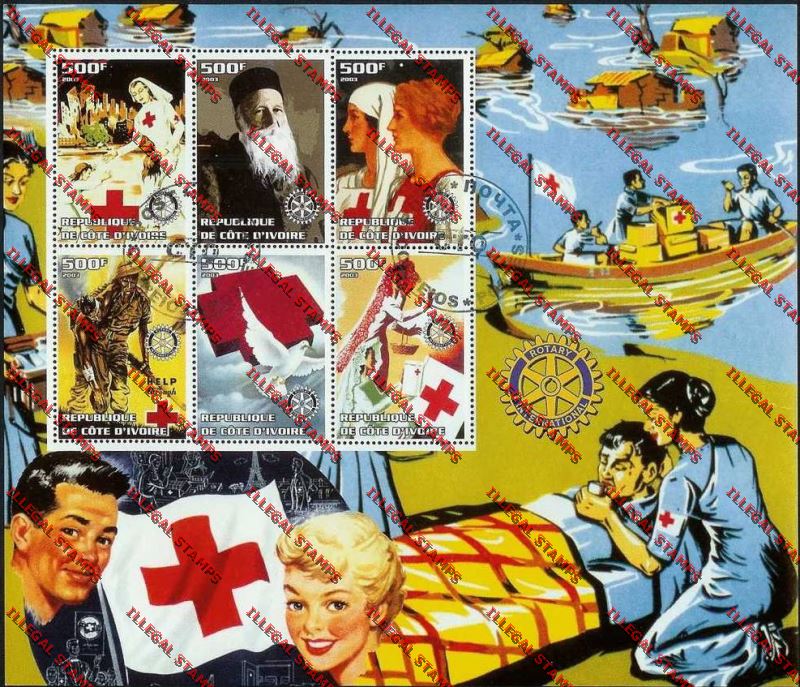 Ivory coast 2003 Red Cross with Rotary Emblem Illegal Stamp Miniature Sheetlet of Six
