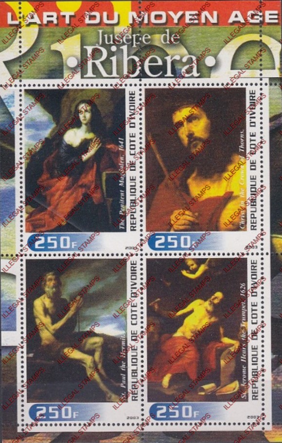 Ivory Coast 2003 Religious Paintings Ribera Illegal Stamp Souvenir Sheet of 4 Ivory Coast 2003 Religious Paintings Ribera Illegal Stamp Souvenir Sheet of 4