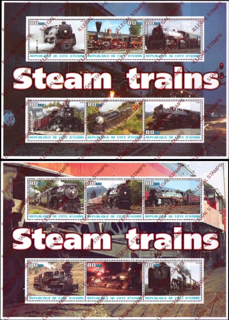 Ivory Coast 2003 Steam Trains Illegal Stamp Souvenir Sheets of 6 Ivory Coast 2003 Steam Trains Illegal Stamp Souvenir Sheets of 6