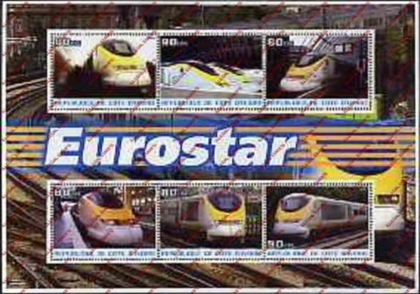 Ivory Coast 2003 Trains Eurostar Illegal Stamp Souvenir Sheet of 6 Ivory Coast 2003 Trains Eurostar Illegal Stamp Souvenir Sheet of 6