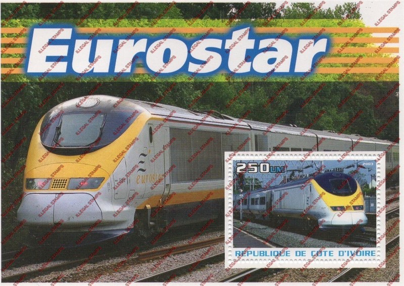 Ivory Coast 2003 Trains Eurostar Illegal Stamp Souvenir Sheet of 1 Ivory Coast 2003 Trains Eurostar Illegal Stamp Souvenir Sheet of 1