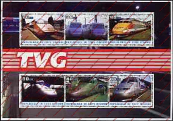 Ivory Coast 2003 Trains TVG Illegal Stamp Souvenir Sheet of 6 Ivory Coast 2003 Trains TVG Illegal Stamp Souvenir Sheet of 6