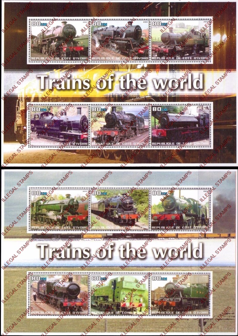 Ivory Coast 2003 Trains of the World Illegal Stamp Souvenir Sheets of 6 Ivory Coast 2003 Trains of the World Illegal Stamp Souvenir Sheets of 6