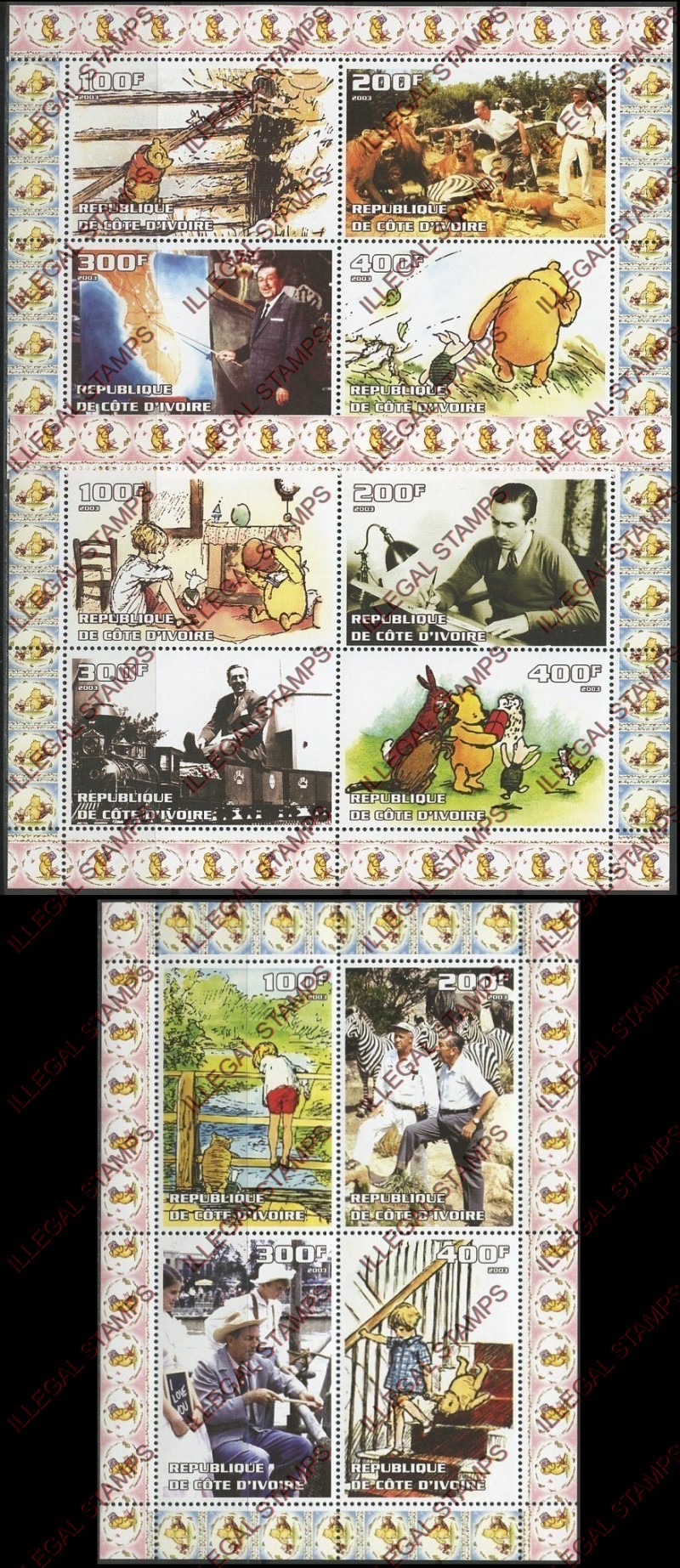 Ivory Coast 2003 Walt Disney Winnie the Pooh Illegal Stamp Souvenir Sheets of 4 Ivory Coast 2003 Walt Disney Winnie the Pooh Illegal Stamp Souvenir Sheets of 4